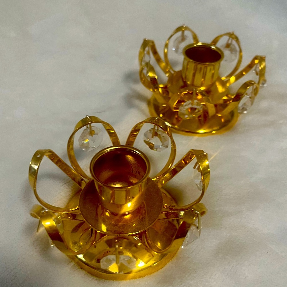 Vintage Gold Candle Votives Flower Shaped with dangling crystals, in good shape